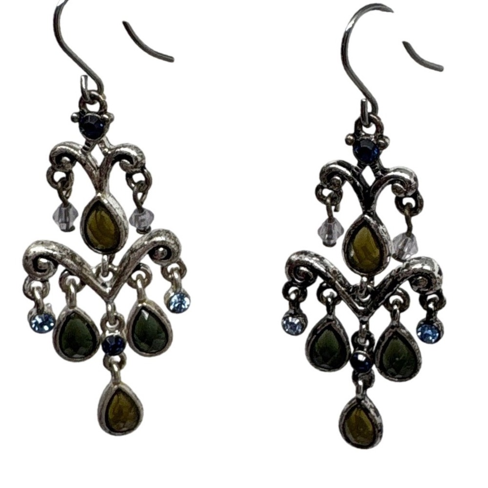 Vintage Chandelier Earrings Silver Tone Green‎ Blue Dangle Drop Women's Jewelry